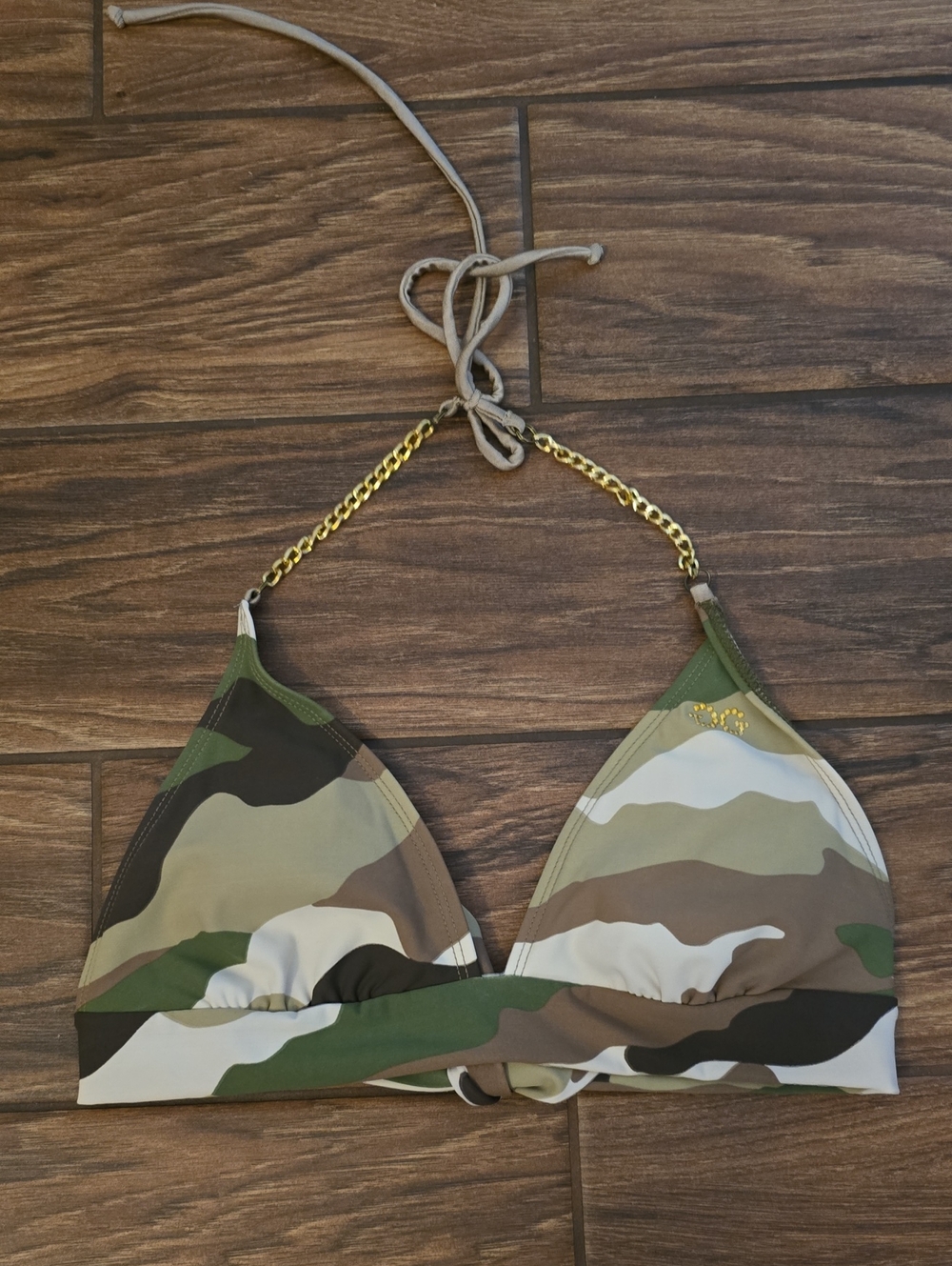 Guess Camo Triangle Bikini Top with Gold Chain - Olive Khaki Tan
